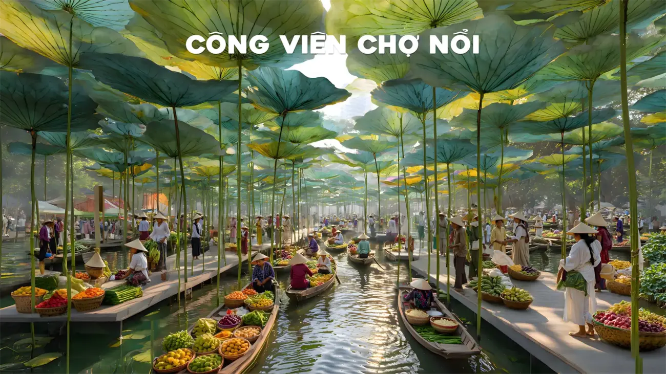 Công viên chợ nổi – điểm nhấn giải trí độc đáo tại Charmora City, mang đậm sắc màu văn hóa và thiên nhiên.